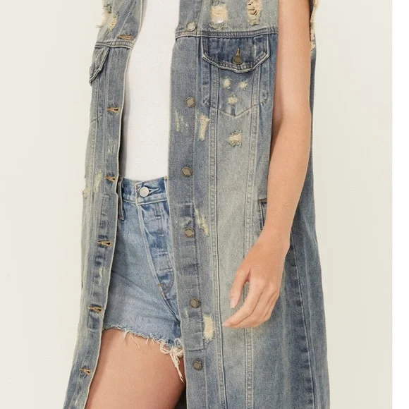 VEVERET Long Distressed Denim Vest Duster Chic Jean Jacket Blue Sz L - Picture 9 of 9
